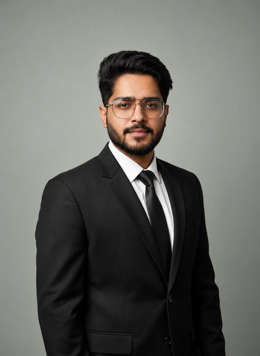 Abhay Bhardwaj in a black suit and glasses
